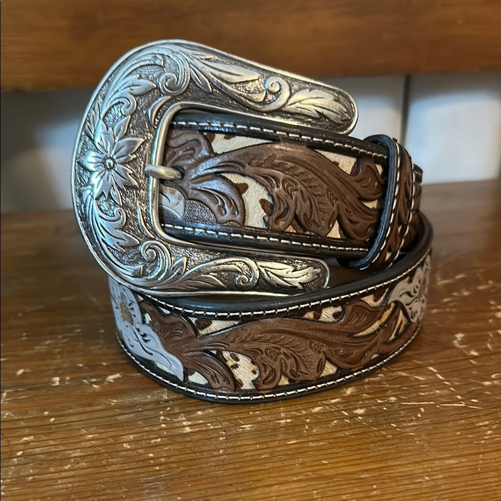 Western Tooled Leather Belt with Silver Buckle